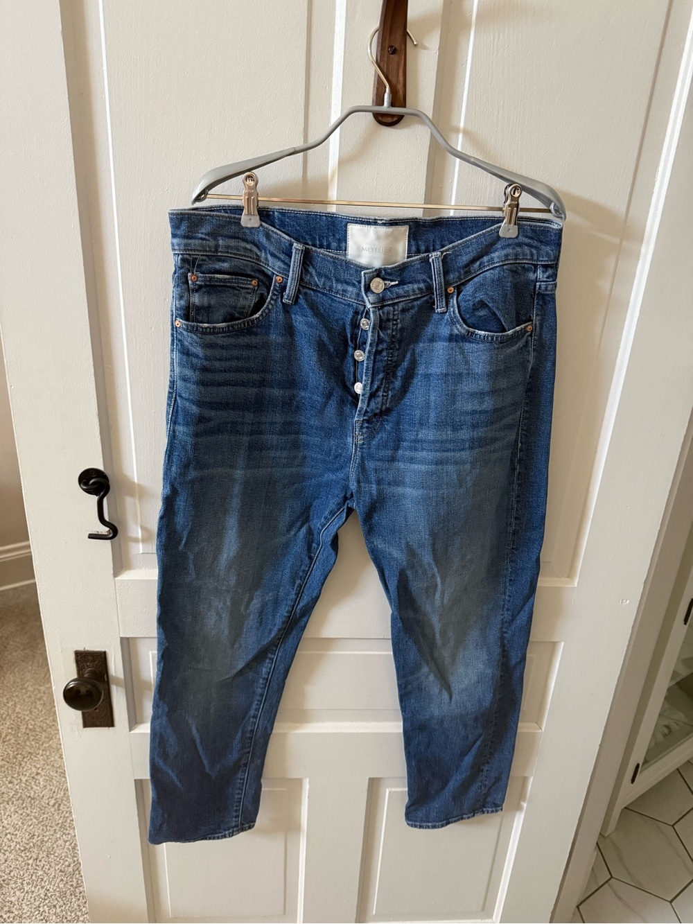 MOTHER Slim Straight Jeans in Dark Blue Denim